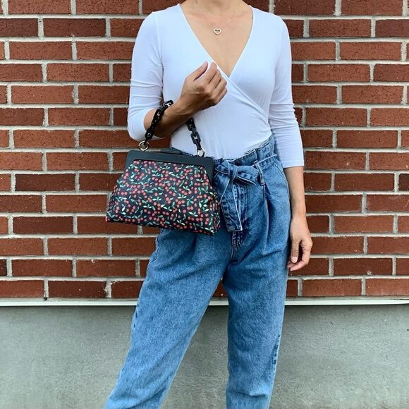 Handmade Genuine Leather Cherry-printed, Acrylic Frame Clutch/Wristlet/Crossbody - Picture 5 of 16